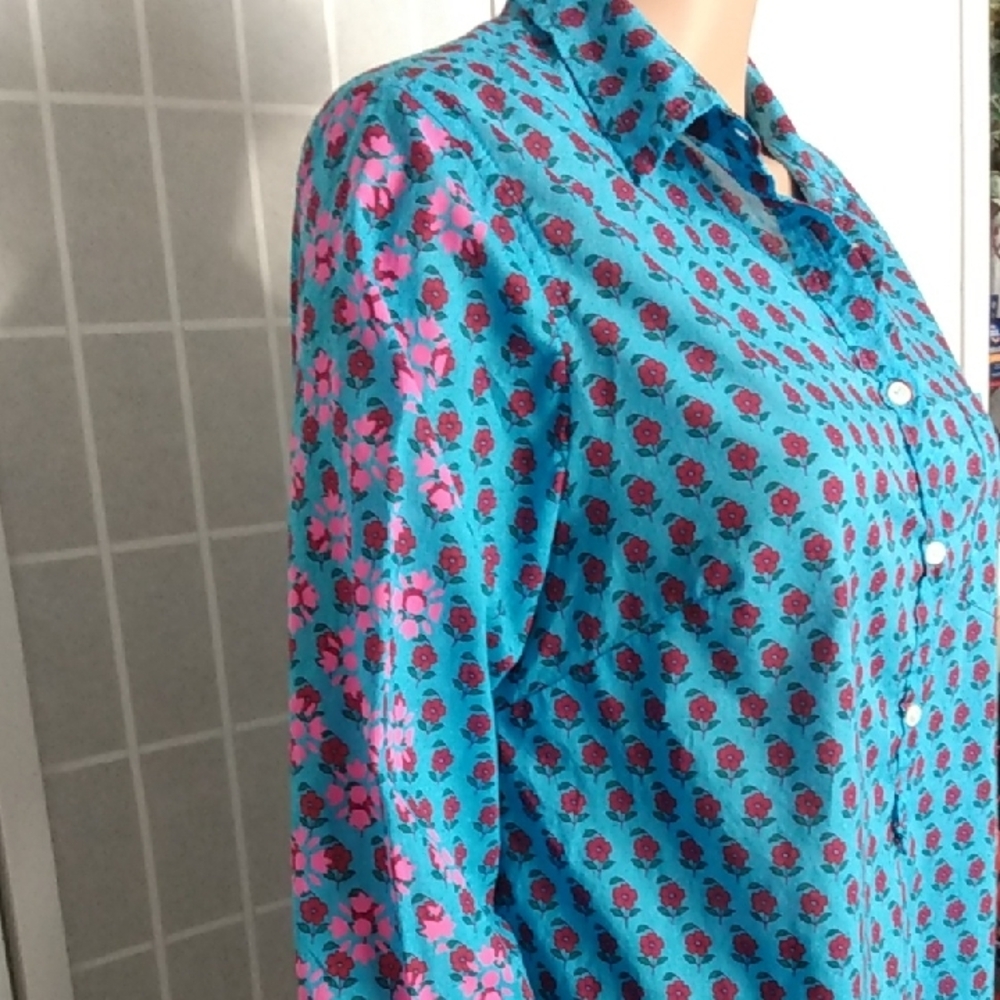 J. Crew Re-imagined Blue Button-up Floral Shirt with Pink Floral Accents WMNS -M - Picture 3 of 15